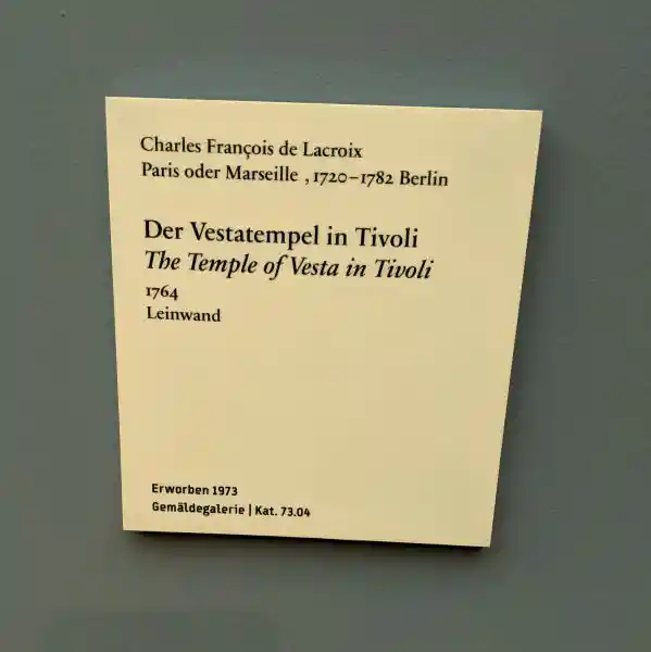 Description of the Landscape painting, a detailed and idealized depiction of The Temple of Vesta in Tivoli, located in Bode Museum.